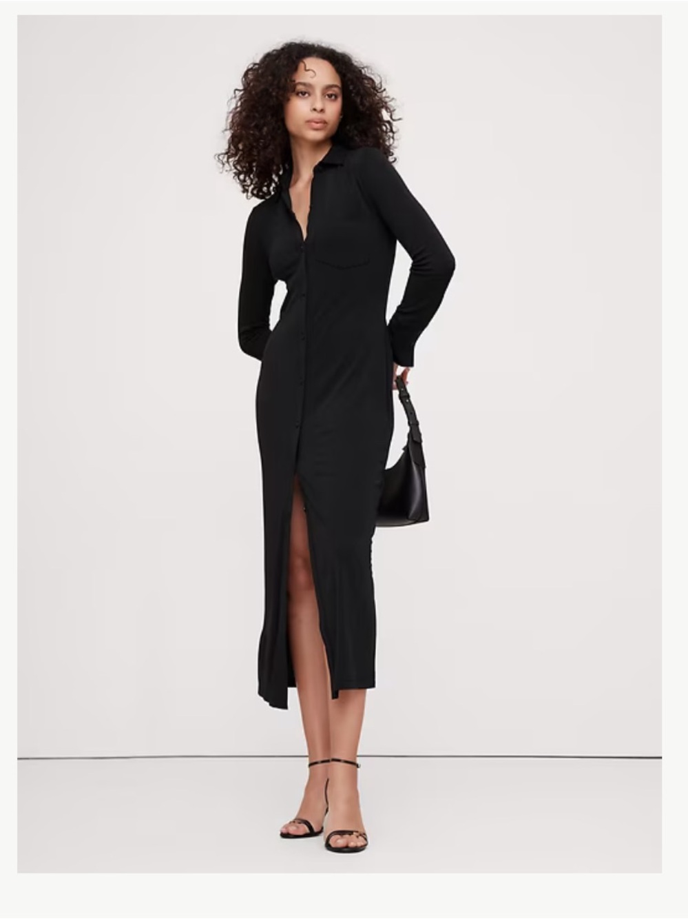 Banana republic Black Long Sleeve Button-Front Midi Dress
